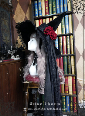 *暗夜玫瑰 * Lolita厚绒蕾丝长飘带优雅魔女帽  万圣节巫师帽