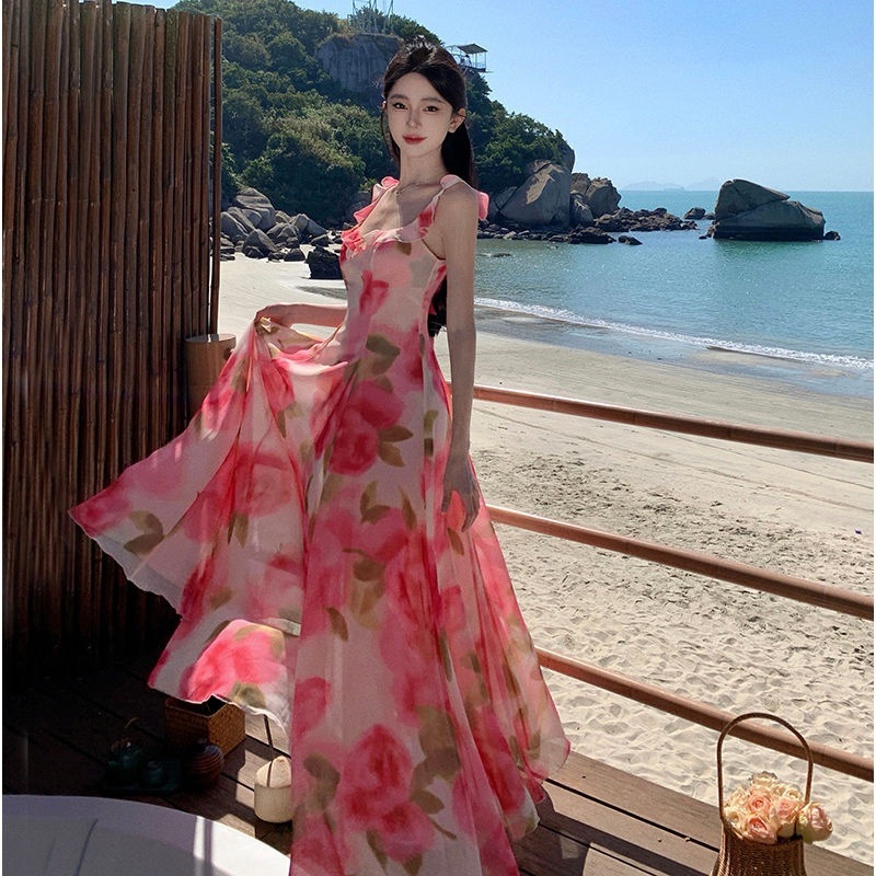 现货夏季新款明星同款玫粉色印花吊带裙感海边度假雪纺连衣裙