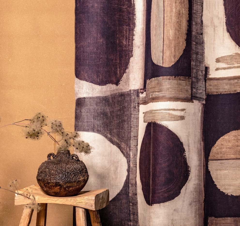 法国原装进口elitis面料现代轻奢窗帘图案亚麻织物抽象山脉客厅遮