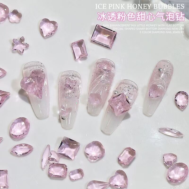 高级爆款异形冰透粉美甲钻歪心桃心方糖饰品钻粉色蝴蝶立体指甲钻