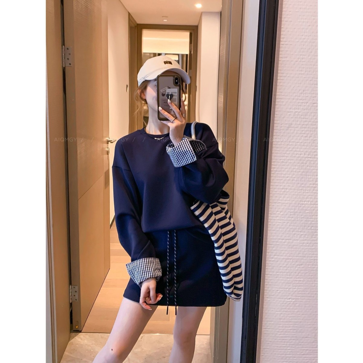 现货条纹披肩叠穿韩系宽松长袖卫衣高腰抽绳半身裙女早秋两件套,女装/女士精品,时尚套装,淘宝优惠券,粉丝福利购,淘宝优惠卷