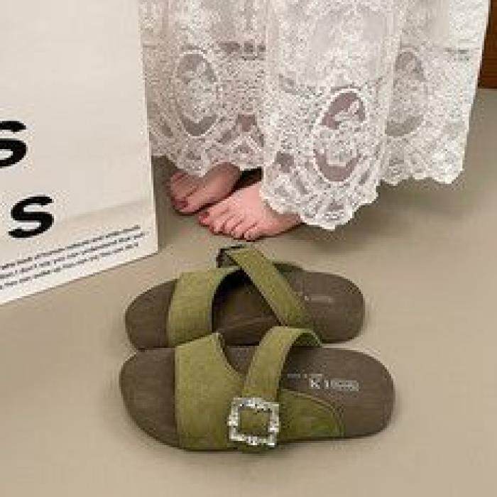厚底勃肯鞋包头拖鞋女外穿一脚蹬复古半托蒙古布软底磨砂半拖懒人