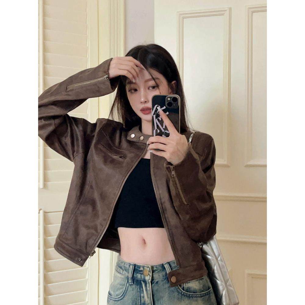 美式复古做旧咖啡色短款夹克外套2025春季新款辣妹百搭立领PU皮衣,女装/女士精品,短外套,淘宝优惠券,粉丝福利购,淘宝优惠卷