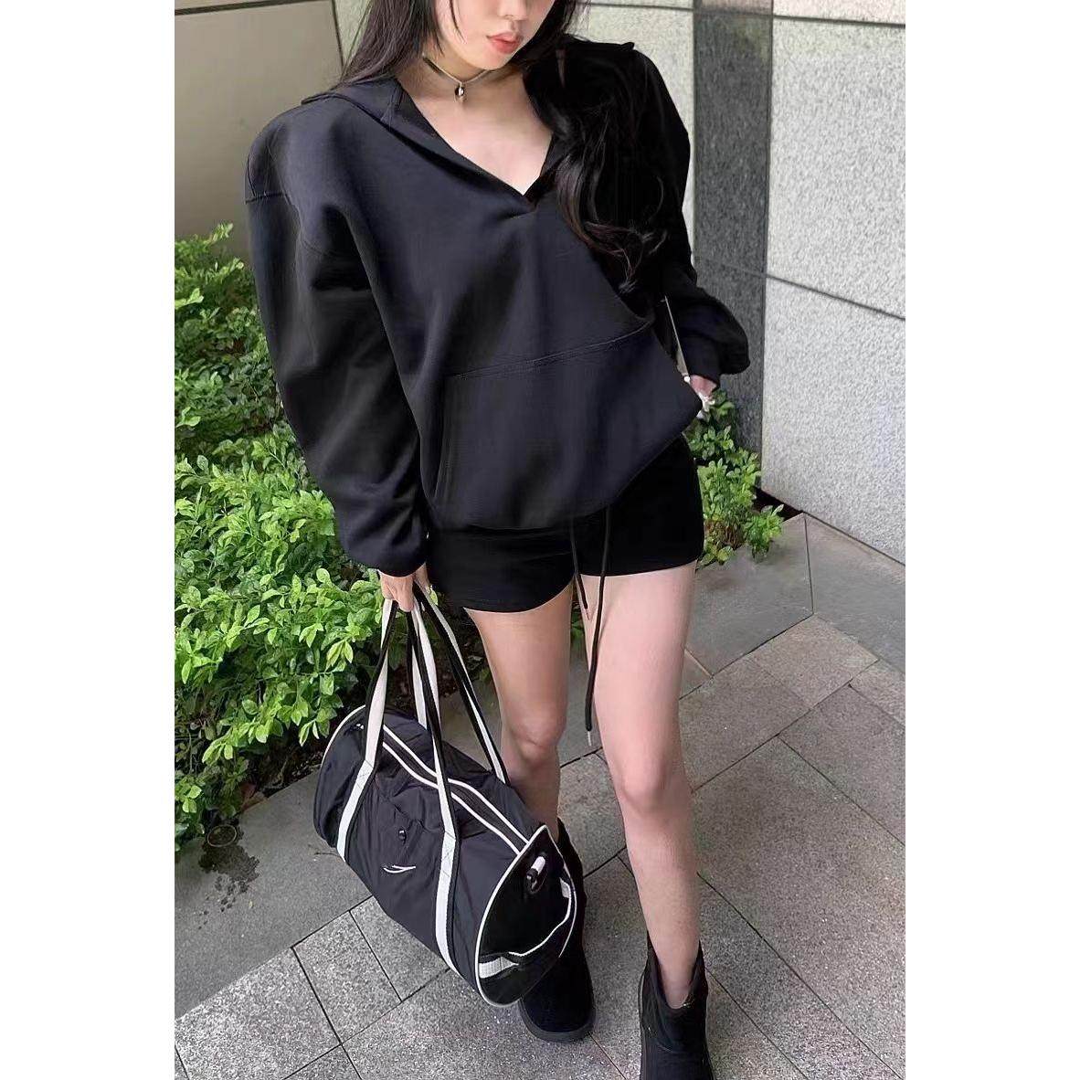 休闲套装女春秋美式复古宽松V领慵懒风连帽长袖卫衣短裤两件套潮,女装/女士精品,时尚套装,淘宝优惠券,粉丝福利购,淘宝优惠卷