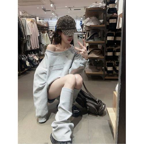 灰色休闲套装女秋季2025新款贴布字母宽松长袖卫衣高腰阔腿短裤子