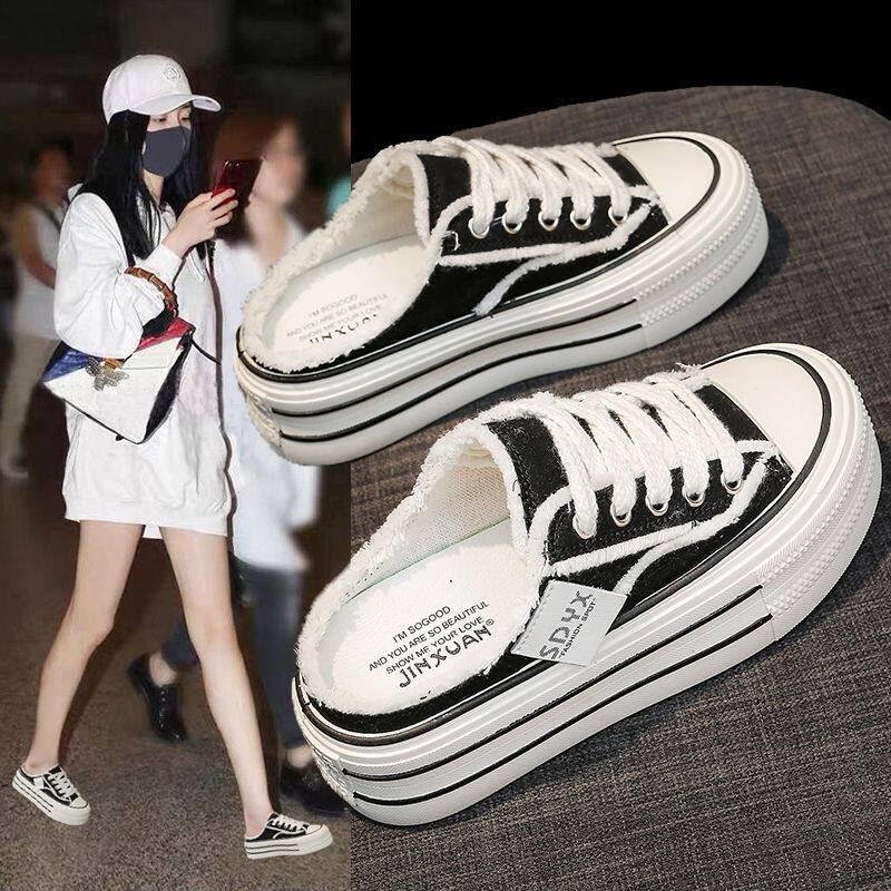 拖鞋女款夏天新品韩版时尚网红潮鞋帆布面包头系带休闲半拖鞋板鞋