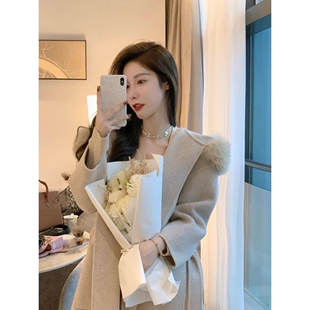 高级感羊绒双面呢子韩系短款大衣秋冬女装小个子气质收腰毛呢外套