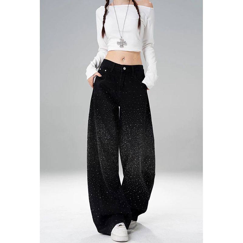 满天星带钻牛仔裤女美式爆闪烫钻黑色垂感设计感宽松直筒长裤