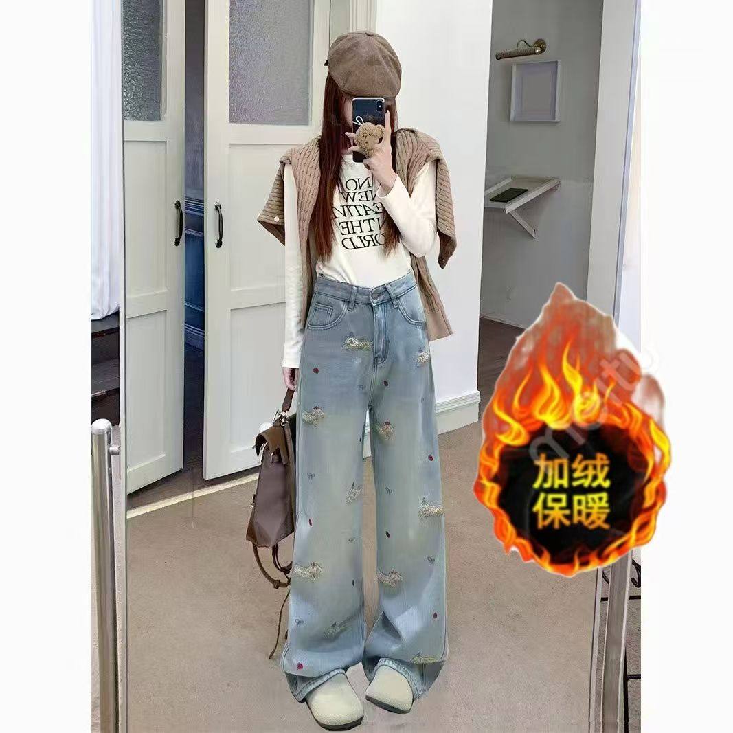 腊肠狗刺绣复古加绒加厚保暖牛仔裤女冬季高腰阔腿裤显瘦拖地裤子