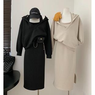 秋季新款洋气减龄显瘦套装女大码卫衣遮肉两件套连衣裙子胖MM女装