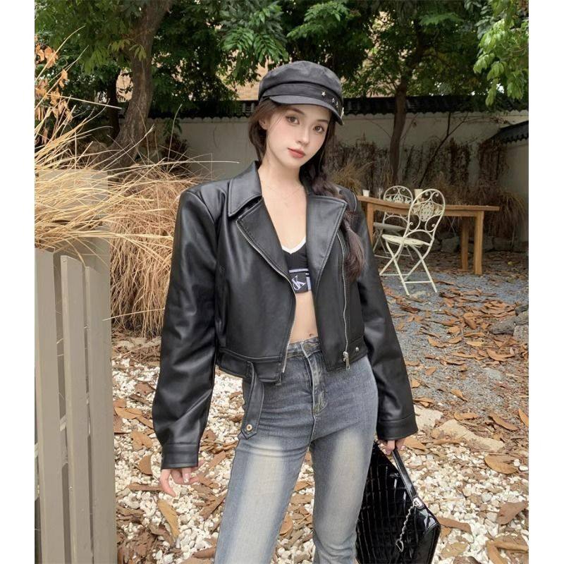 短款皮衣外套女春秋时尚显瘦皮衣气质翻领小个子PU皮显瘦百搭夹克,女装/女士精品,皮衣,淘宝优惠券,粉丝福利购,淘宝优惠卷