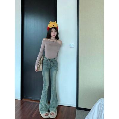 做旧复古牛仔裤女秋季2025新款设计感小众修身高腰微喇叭裤子长裤