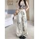 白色豹纹直筒牛仔裤 潮女 高腰宽松百搭休闲阔腿拖地长裤 女四季 新款
