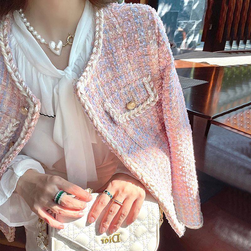 粉色小香风外套春秋女2026新款韩系甜美名媛风减龄粗花呢短款上衣,女装/女士精品,短外套,淘宝优惠券,粉丝福利购,淘宝优惠卷