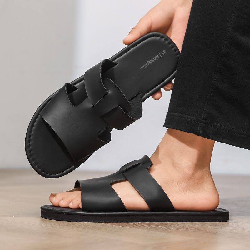 夏季欧洲站拖鞋男一字拖头层牛皮男士室外穿沙滩凉鞋大码男鞋