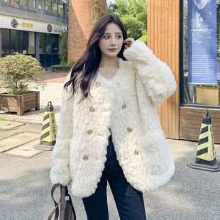 小香风刷花兔毛外套女2026冬季新款小个子宽松加棉毛毛上衣棉服