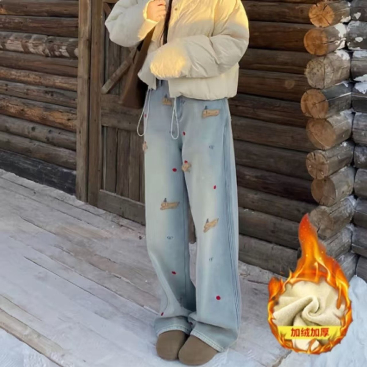 小个子美式复古加绒加厚腊肠狗刺绣牛仔裤女冬季宽松显瘦直筒裤子