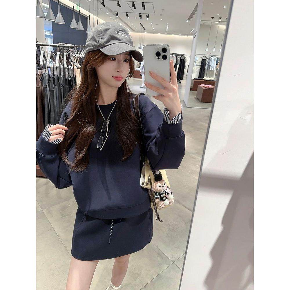 现货条纹披肩叠穿韩系宽松长袖卫衣高腰抽绳半身裙女早秋两件套,女装/女士精品,时尚套装,淘宝优惠券,粉丝福利购,淘宝优惠卷