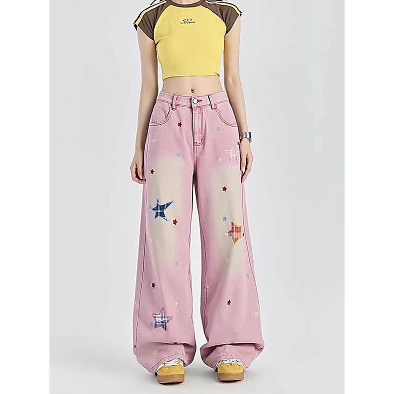 星星贴布粉色牛仔裤裤子女款2026春季新款高腰宽松显瘦阔腿直筒裤