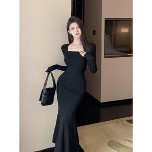 收腰内搭a字包臀裙 2024新款 纯欲风辣妹灰色方领长袖 连衣裙女秋季