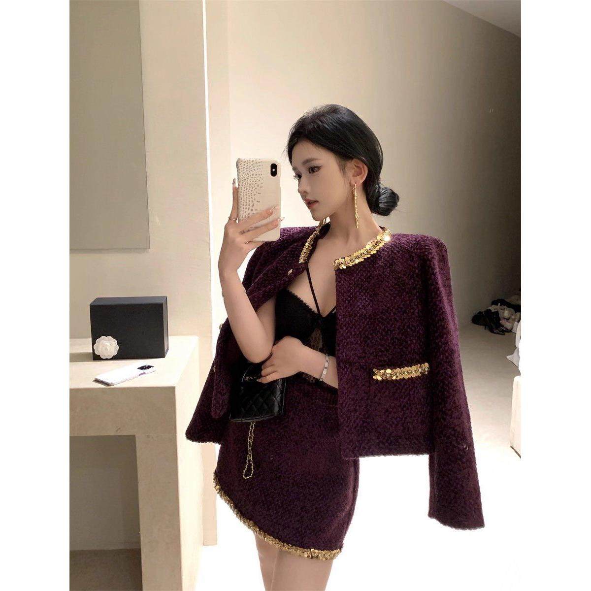 2026年秋千金紫色小香风套装裙女高级感短外套气质名媛两件套,女装/女士精品,时尚套装,淘宝优惠券,粉丝福利购,淘宝优惠卷