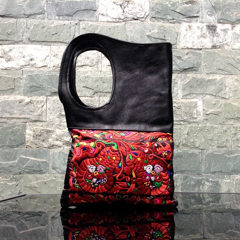 原创新款时尚民族风韩版单肩手提牛皮真皮绣花复古休闲百搭女潮包