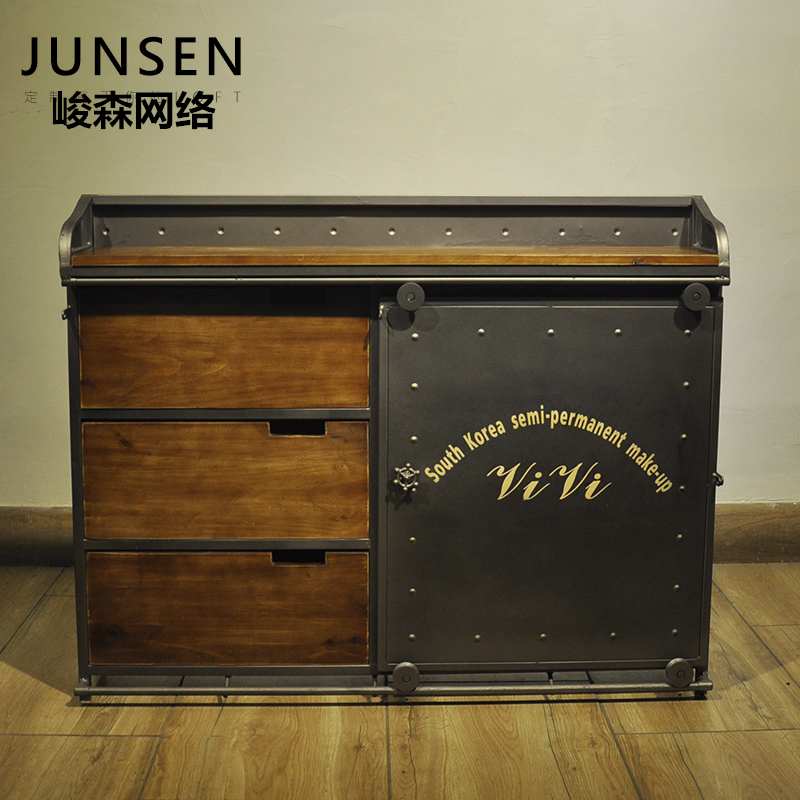 创意美式复古铁艺实木收银台柜台前台桌个性做旧迎宾台吧台收纳柜