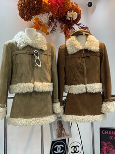 十三行2025秋冬韩系气质拼接羊羔毛领夹羽绒麂皮绒外套短裙套装