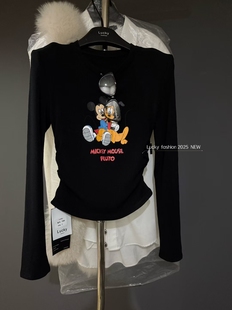 十三行Lucky2025冬韩系减龄卡通印花加厚磨毛褶皱露腰弹力打底T桖