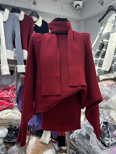 十三行2025秋冬韩系慵懒宽松软糯套头毛衣半裙套装 配围巾三件套