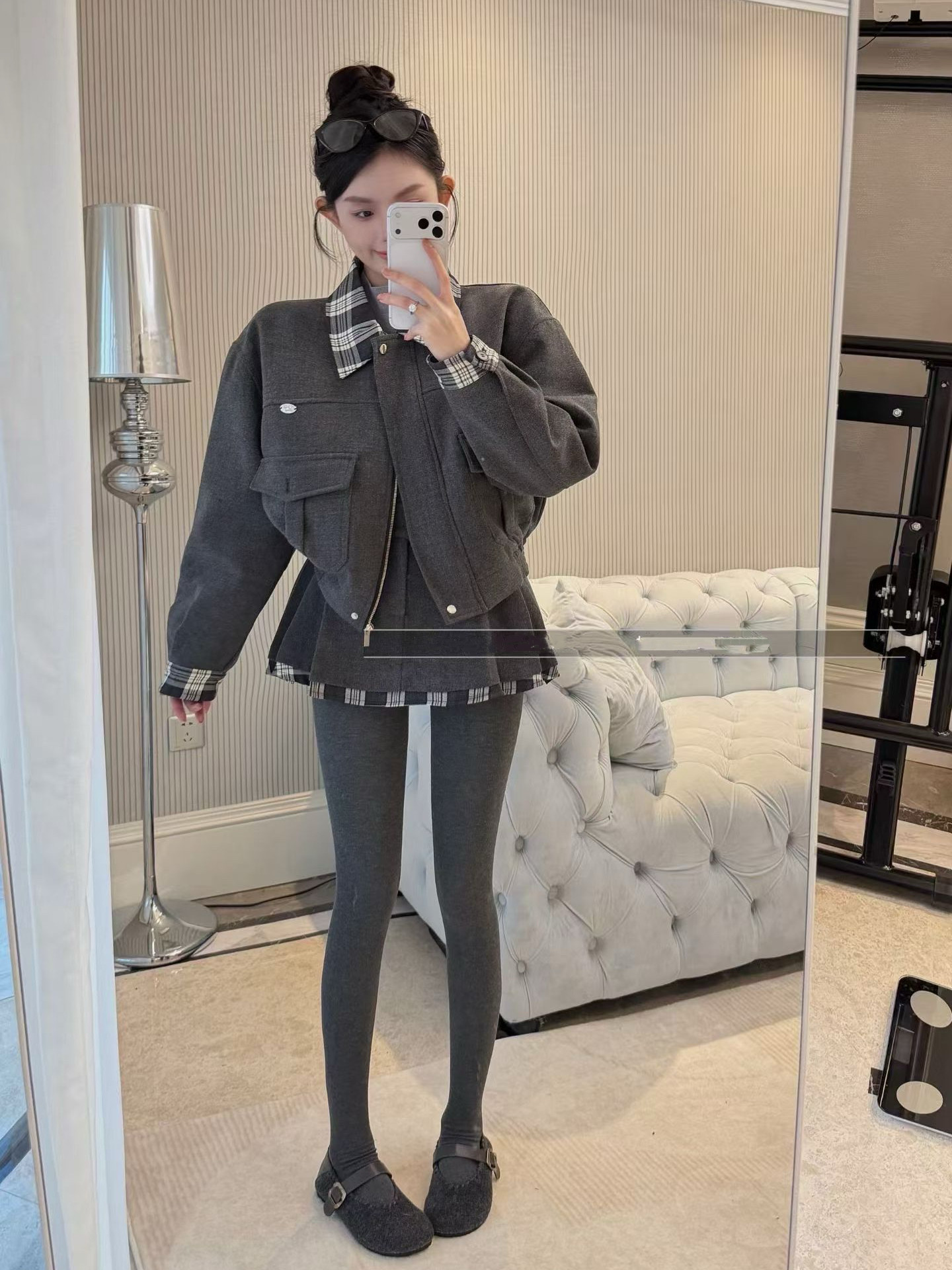 十三行2025秋冬韩系洋气拼接格子夹克毛呢羽绒外套百褶短裙套装女