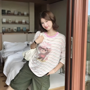 苏珊SUSAN 韩系撞色条纹刺绣T恤女2026夏季新款防晒宽松上衣SI617