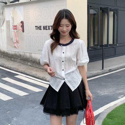 SUSAN 夏季新款减龄撞色木耳边短袖宽松衬衫设计感显瘦小衫SI212