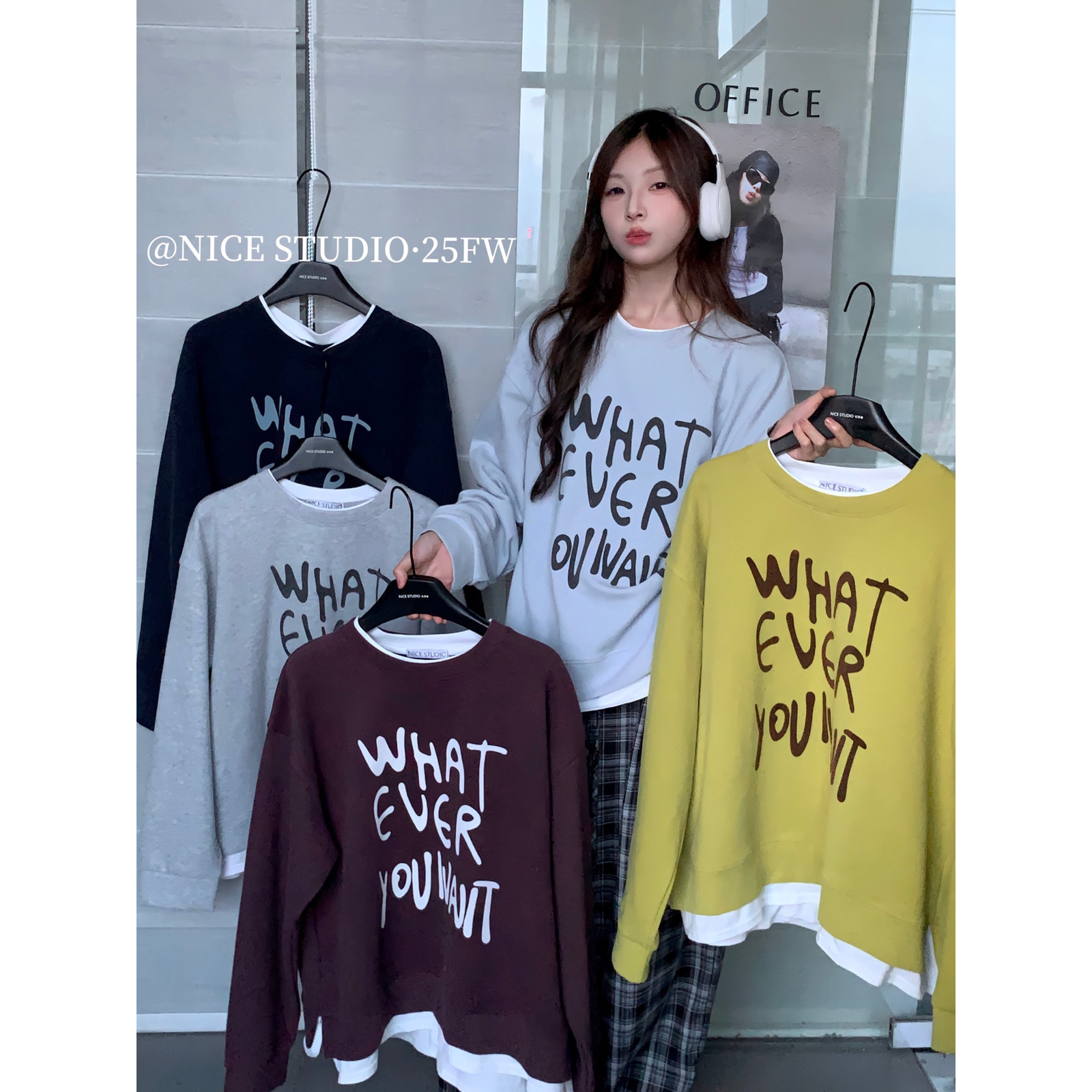 秋上新【奶思家NICE STUDIO】字母假俩件拼接圆领套头卫衣女w585