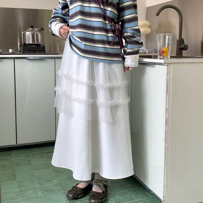 you think 十三行 2026春夏新款韩系松紧腰百搭拼网纱半身裙2674