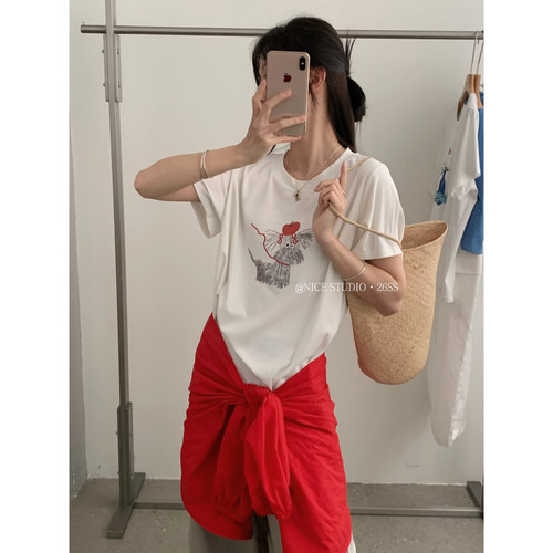 奶思家NICE STUDIO-夏上新韩系红苹果小狗印花百搭短袖T恤女1262