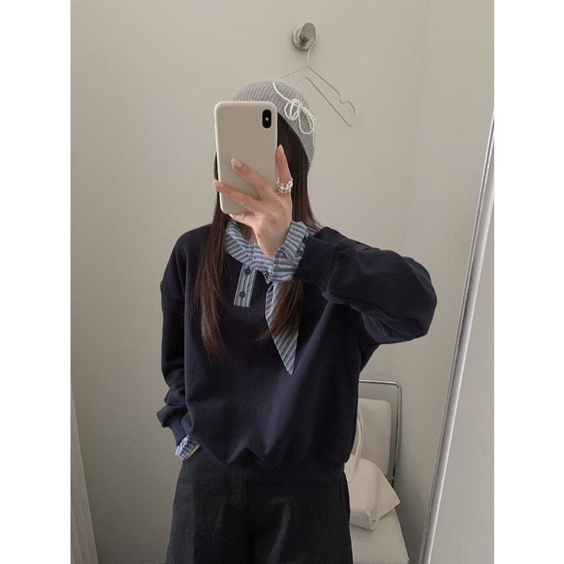 正品THINK拼接格纹卫衣女2025秋冬简约领结衣领假两件上衣63325