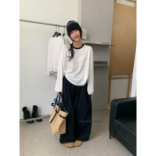 奶思家 Nice Studio-日系撞色领口袋长袖T恤女(不含下装)12023