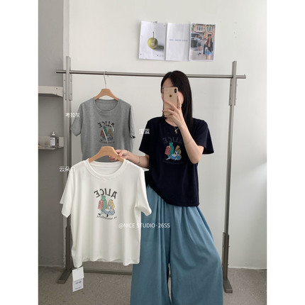 奶思家NICE STUDIO-夏上新韩系爱丽丝印花百搭棉料短袖T恤1263