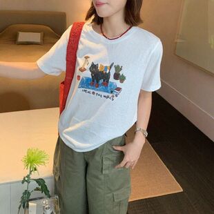 苏珊SUSAN 夏季新款宽松百搭卡通涂鸦猫咪印花短袖T恤女SI701