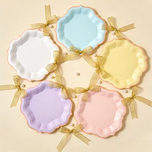 八角烫金花边一次性纸盘儿童派对餐具甜品台装 饰盘子摆件蛋糕碟子