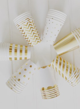 新款一次性杯子波浪条纹烫金加厚纸杯生日聚会party派对户外餐具