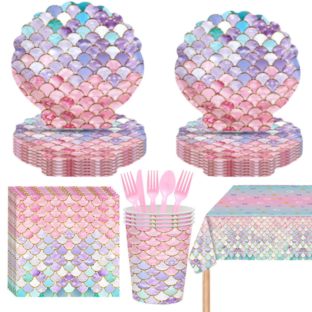 卡通美人鱼纸盘粉色甜品台装饰