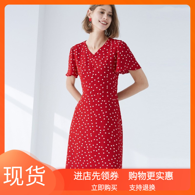 YINER GIRL新款轻薄收腰显瘦波点连衣裙女短袖V领优雅裙子