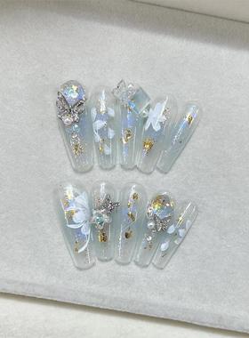 ins蓝色晕染璀璨星空手绘轻奢透钻气质显白爆闪长款可拆卸美甲贴