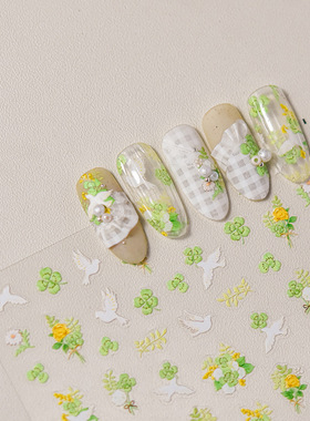 照灯变硬美甲贴纸国风迎春花草可爱浮雕小鸟绿色系指甲图案贴胶片