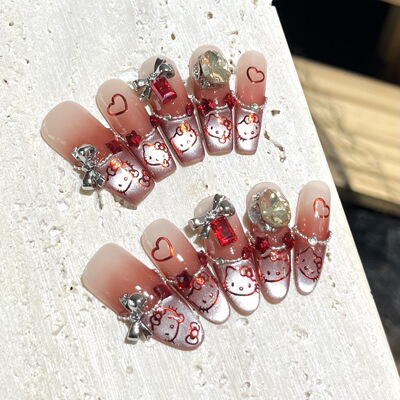 冰透腮红猫眼蝴蝶结手工穿戴甲