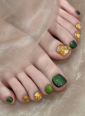 绿色猫眼跳色亮片夏日简约脚趾甲穿戴甲手工脚甲可拆卸温柔甜心