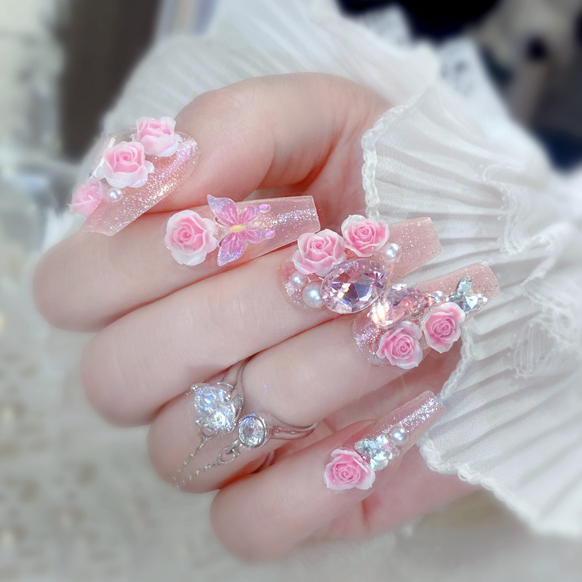 粉色立体玫瑰花轻奢长款穿戴甲