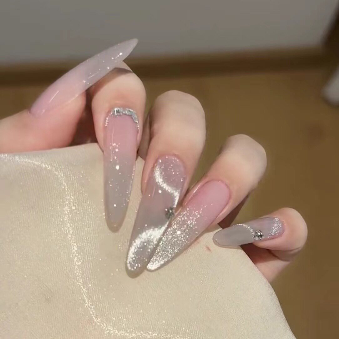 ins甜妹小清新穿戴甲冰透爆闪粉色系晶石猫眼丝带感显白长款美甲